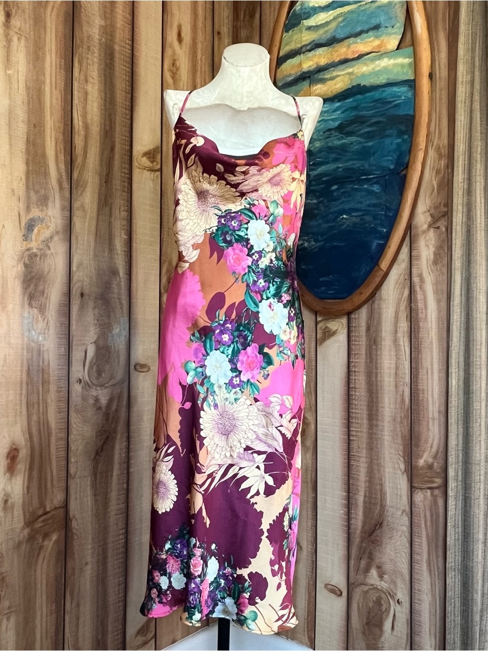 Aakaa Pink and Burgundy Floral Slip Midi Dress